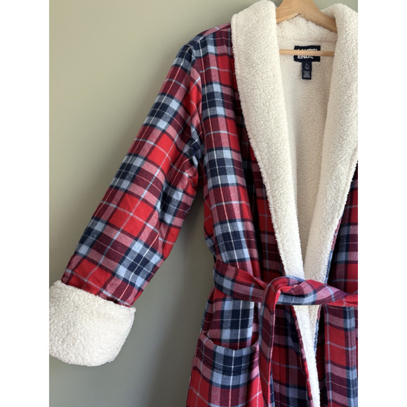 LANDS END Size Large 14-16 Red Plaid Cotton Flannel Sherpa Lined Bath Robe Cozy - Picture 3 of 15